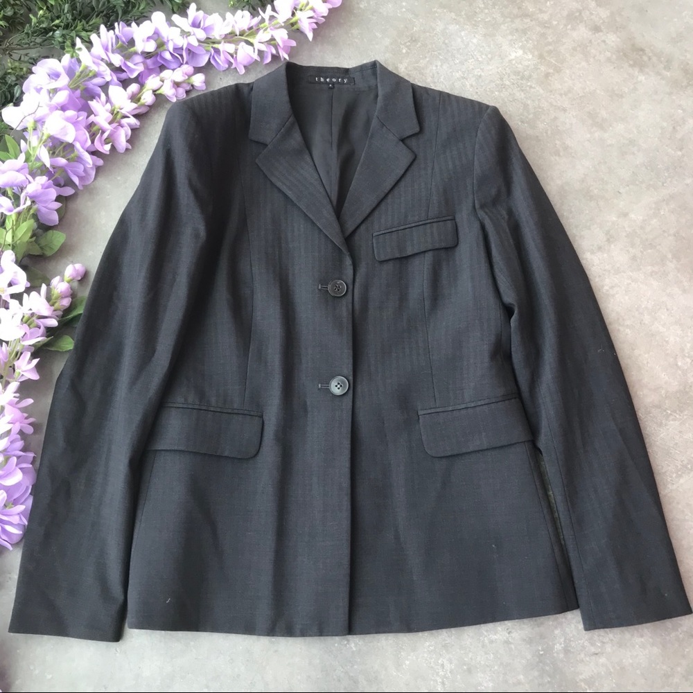 Theory 100% Wool Gray Blazer Two Front Button Size 8 Workwear